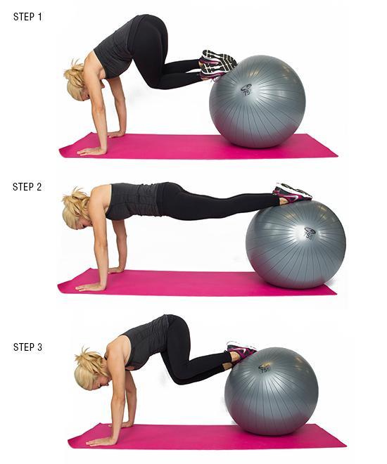 Plank Tuck Twist with Stability Ball: This exercise will really bring the sweat! It works both arms, legs, and abs, and even seems to defy gravity! Use your core in order to keep yourself balanced.
Beginner: 3 sets of 10 per side
Advanced: 3 sets of 12-15 per side