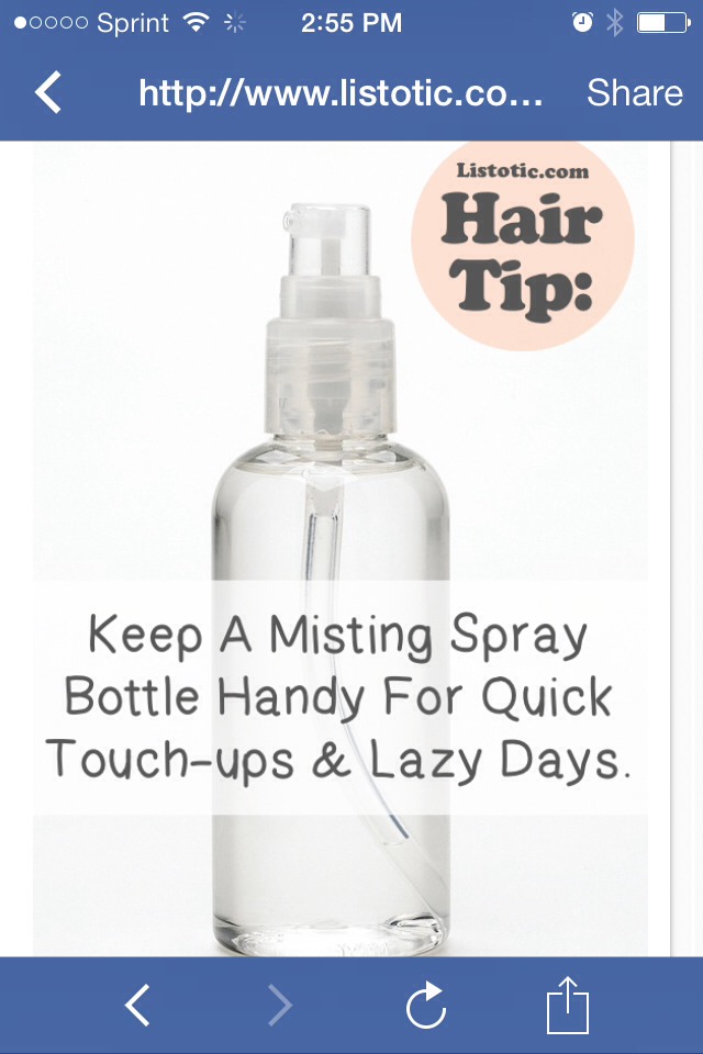 Quick tip: keep a spray bottle handy on your bathroom counter, and use it to quickly fix bed head. This is especially helpful if you have bangs like me! Sometimes I wake up and my bangs are sticking straight up. Instead of washing, drying and styling my hair, I just give my bangs a quick spray