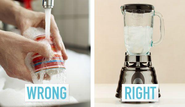 You should never try to clean a blender by scrubbing it. Instead just add some dishwashing liquid and water, and blend it.