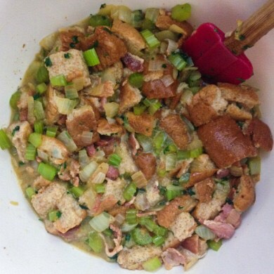 1. Place the vegetable oil in a large skillet on medium heat. Add the celery and onions and cook for 5 minutes, stirring frequently until the vegetables are softened. Add the bacon, garlic powder, and salt and pepper. Cook for another minute.