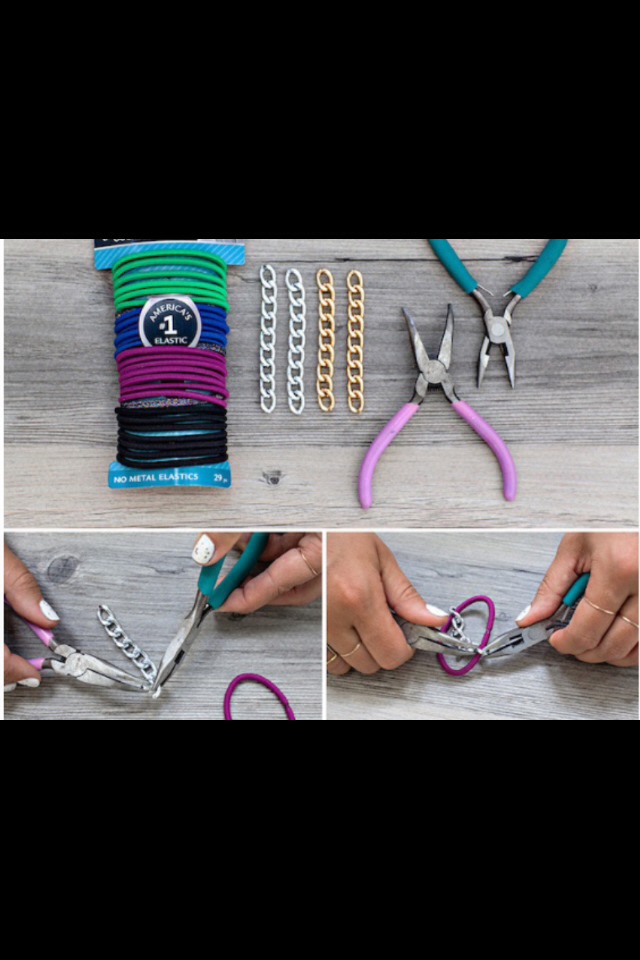What you need~ * goody hair ties * jewelry pliers * chain 