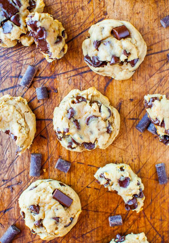 Make sure to chill your dough for at least two hours before you bake to ensure your cookies bake thick and puffy. Warm, limp dough bakes into limpy and wimpy cookies. I want my cookies to be thick, with puffy centers that are overflowing with chocolate.

I used a combination of 2 1/4 cups of chocola