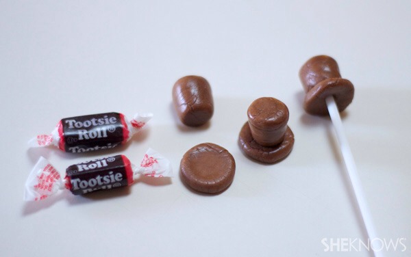 Make hats for tiny snowmen using tootsie rolls! Use a whole roll, then add one quarter of another roll to the top (after making it slightly flat)