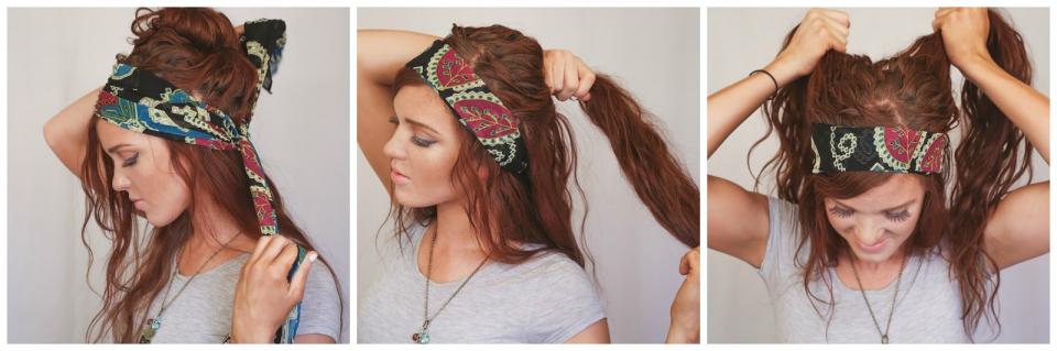 Steps 4-6: Secure the top section with a clip for later and (4) tie your scarf around your head, with the knot in the back. Let you top section down and (5) divide that into two horizontal even sections . (6) Separate your top most section in half vertically right down the middle and...