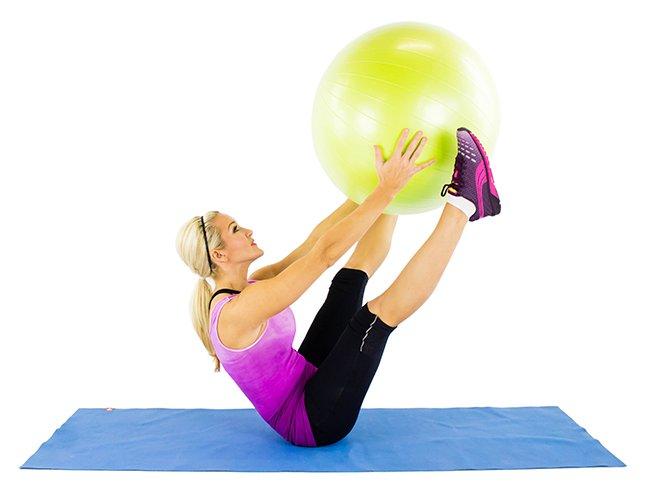 Stability Ball V-Pass: That ball might feel light, but wait until your abs have to support it! You’ll start sweating in no time!
Beginner: 3 sets of 12 (bend your knees if necessary)
Advanced: 3 sets of 15