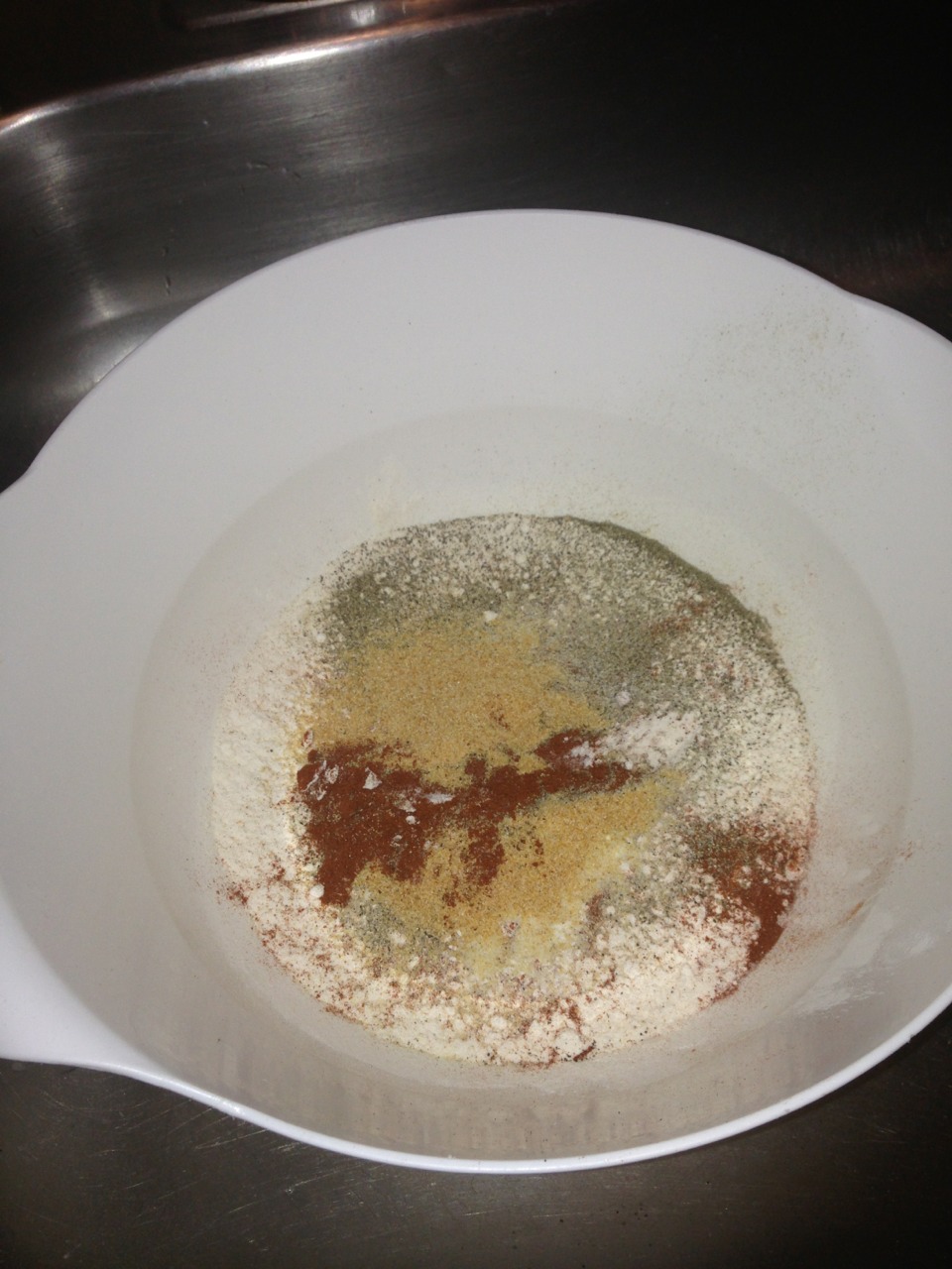 For the flour mix you will need 
2 cups of Fluor, 3 tbs of paprika powder 
3 tbs of salt, 2 tbs of pepper, 3 tbs of garlic powder mix it all together. 