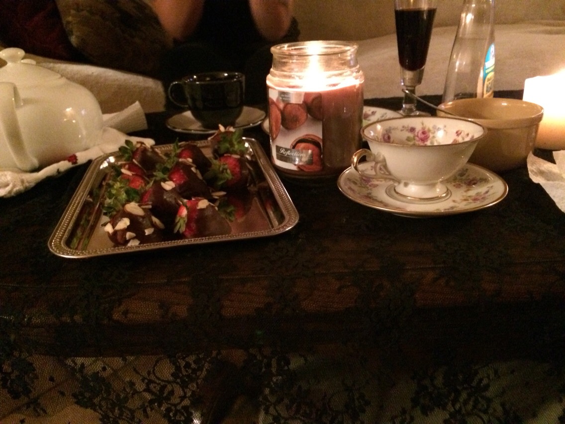 I dressed up my table really cute.Picked some flowers from my garden threw in Rosemary in the bouquet make it smell nice.some Lace fabric over a coffee table looks cute and Mismatch tea cups you can find anywhere if you look.found mine at estate sales and goodwill.thug life.Treat yo self
