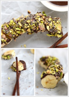 Banana Sushi
Servings 2 people 
Prep Time 15 minutes
Ingredients
3 bananas
2 tablespoons peanut butter I used unsweetened peanut butter
1 3.5-ounce package vegan dark chocolate
3 tablespoons chopped pistachios
2 tablespoons sesame seeds
1 tablespoon chia seeds

