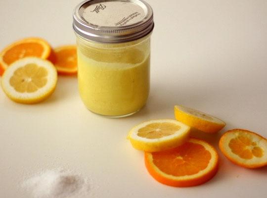 Ingredients:

I cup sea salt
½ cup raw sugar
½ cup coconut oil
A few drops grapefruit essential oil
A few drops sweet lemon essential oil
A few drops lemon essential oil