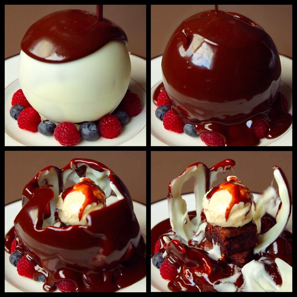 10. Then for the grand, table-ready finale? POUR IT WITH ABANDON...
And watch as it ~beautifully shatters~...
To reveal the glorious sundae inside: