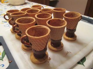 Attach the handles by dotting chocolate on both ends of the pretzel and holdings it onto the side of the cone until it is set.

When you are ready to serve, fill the cups with pudding, yogurt, or cannoli filling and enjoy!