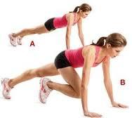 Mountain Climbers: This push up-like exercise will really crank up the heat! Try to bring your knees as far up to your chest as you can (without kicking yourself!), and remember that the faster you go, the more you will sweat!
Beginner: 3 sets of 10-20 per side
Advanced: 3 sets of 20-40 per side