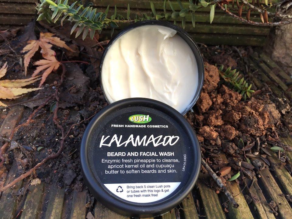 Next is what I use in the morning: Kalamazoo facial wash! Now, I know this says that it's for beards—but personally, I use it for a gentle cleanser in the morning. This smells so good (like fruit!) and it's perfect when it comes to waking me up. I barely use enough to cover the tip of my finger!