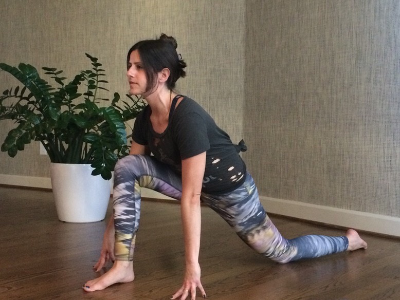 LOW LUNGE
To help open the upper back and improve your breath flow, work on extending the spine within the pose. This pose can typically be done with your arms up, but reaching your arms to the floor will help ground your energy before bed.