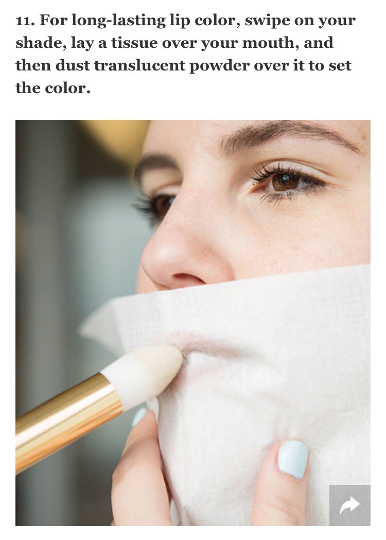 This process may seem extensive, but the payoff is worth it. Not only does the translucent powder set a bold shade, making it instantly long-wearing, but the tissue acts as a shield to your lip color, protecting it from lightening or losing it's vibrancy.