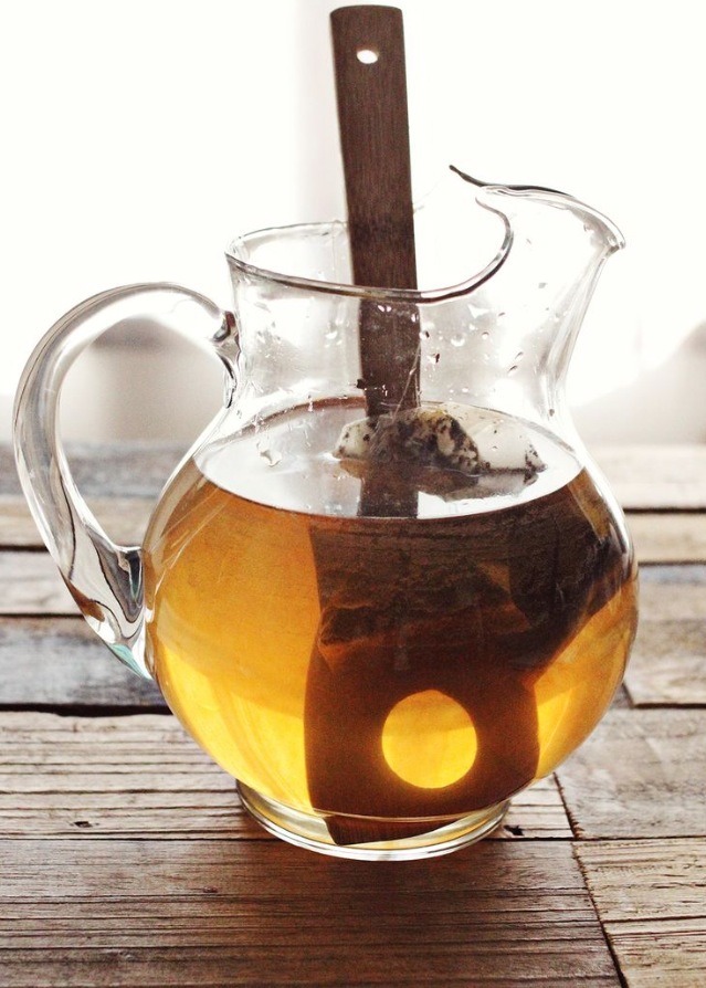 In the pitcher stir together the water, sugar and honey until dissolved. Add the tea bags and allow to brew for 3-4 minutes (check your package for directions as different brands may have different suggestions). Remove the bags.
