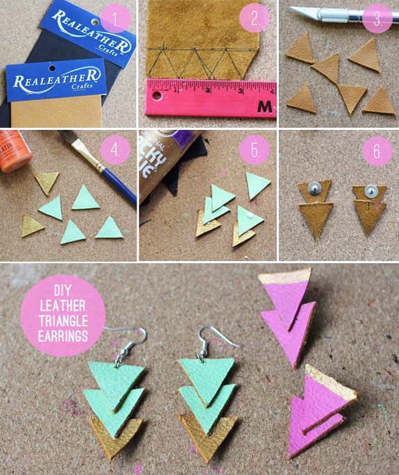 Painted Leather Triangle Earrings

Full instructions here:
http://www.henryhappened.com/diy-leather-triangle-earrings.html