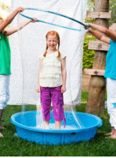 3.) BUBBLE BATH!!
Fill a baby pool with a bunch of bubbles! Then get a hola hoop and watch your kids have a blast!
