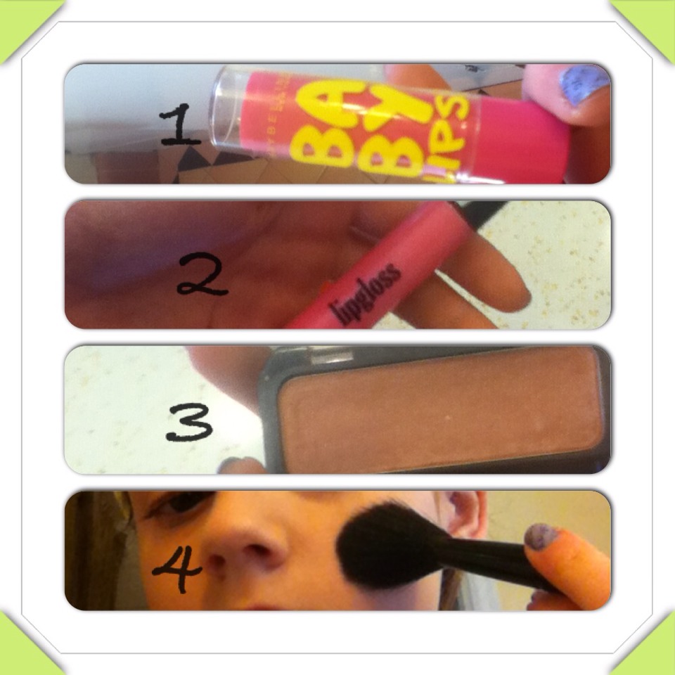 Apply a lip balm as base. Add lip gloss or light lipstick. Put on some blush, only on cheekbones.