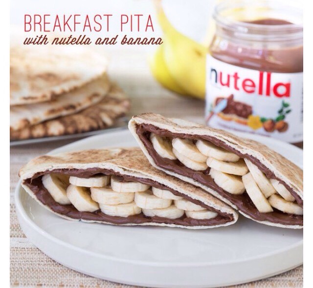 Make a breakfast pita with sliced banana and Nutella. For a healthier option: use whole wheat or whole grain pita and swap Nutella for almond butter.