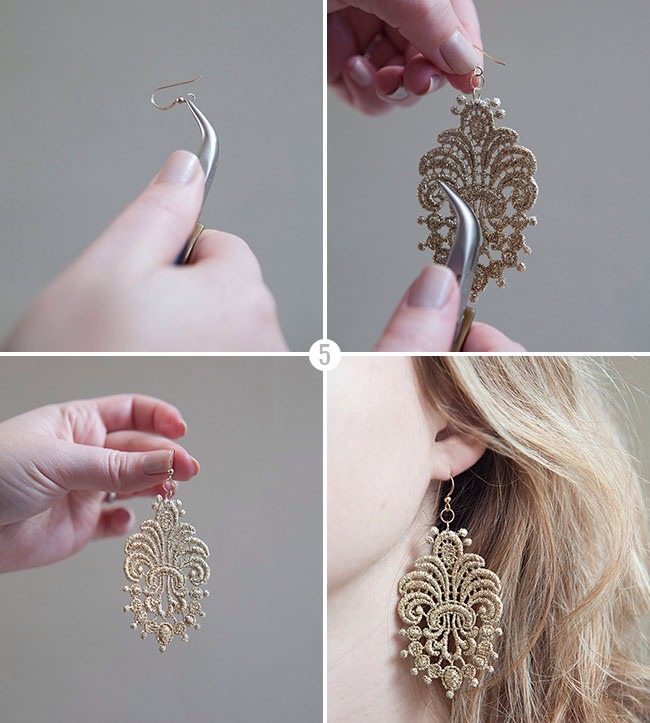 Next, slightly open the loop at the end of your ear wire and thread it onto the last jump ring, then carefully squeeze the ear wire closed. That’s it! That’s all it takes to make an earring!