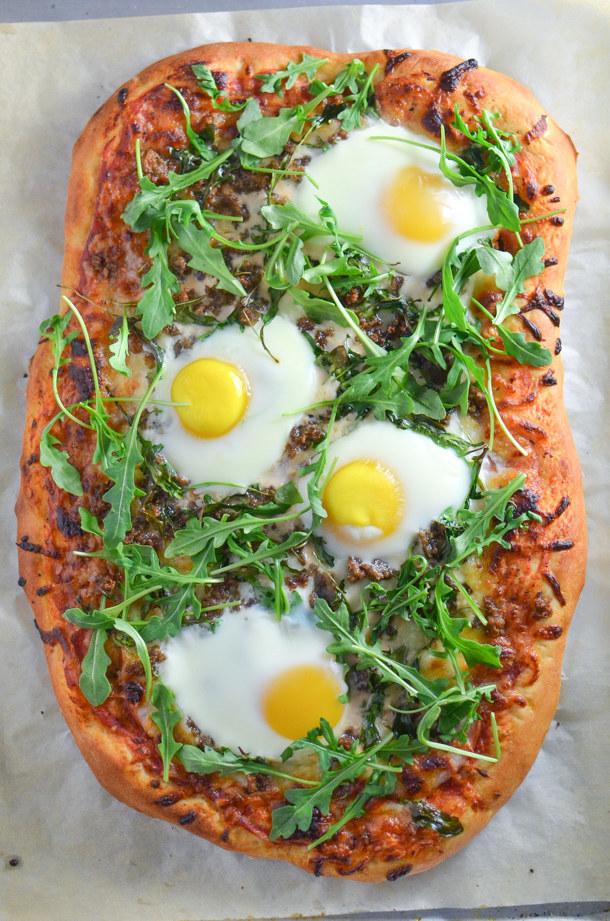 6. Breakfast Pizza with Canadian Bacon, Sausage and Arugula 