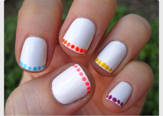 1. Paint your nails white
2. With the end of a bobby pin complete small dots at the end of your nails different colours
3. Ta da :D