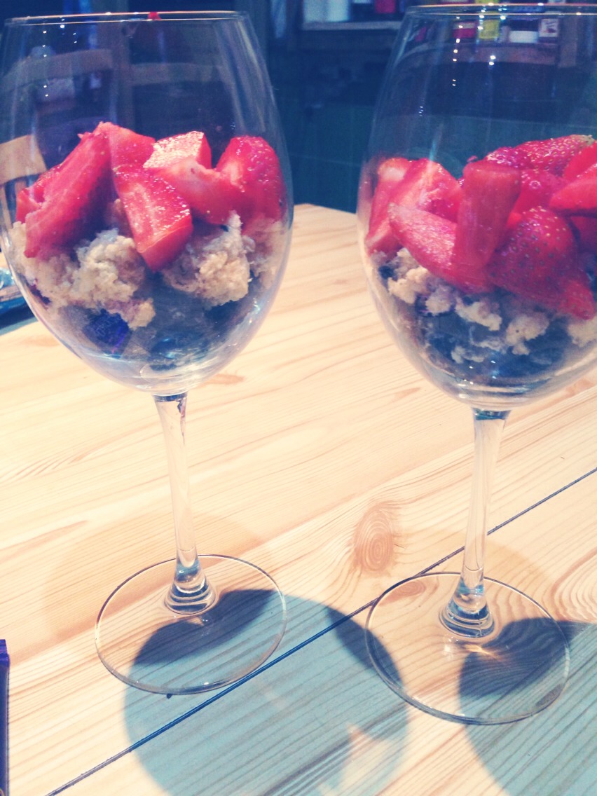 Thirdly, cut around 5 strawberries into 4 single pieces and place them on top of the square bar... 