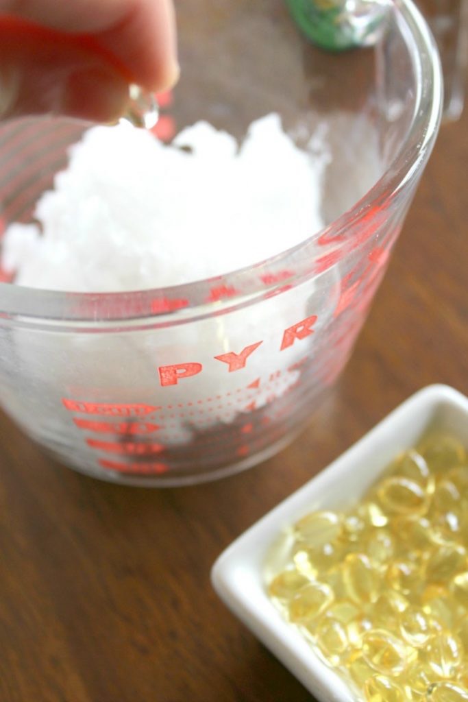 Using a small microwavable bowl add in ½ cup coconut oil cup + heat in intervals of 15-20 seconds until completely melted