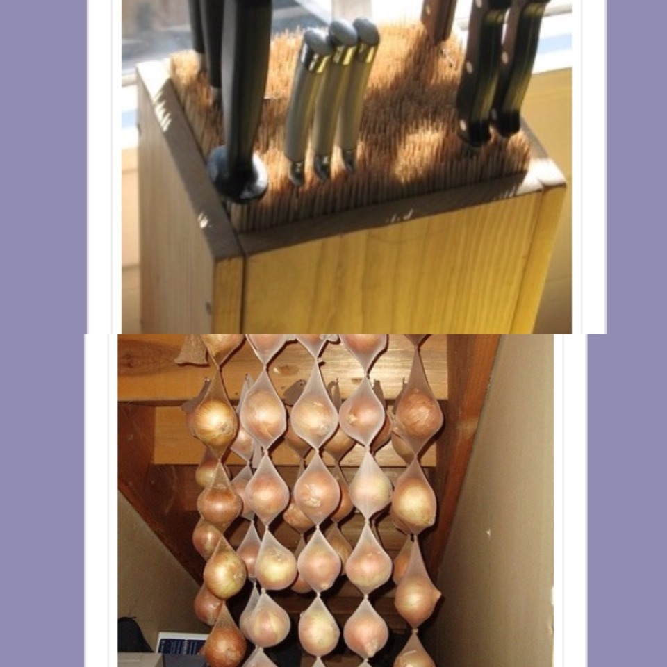 15. Fill an old box with skewers to make an all purpose knife box. 
16. hang onions in cut up tights to make them last for months