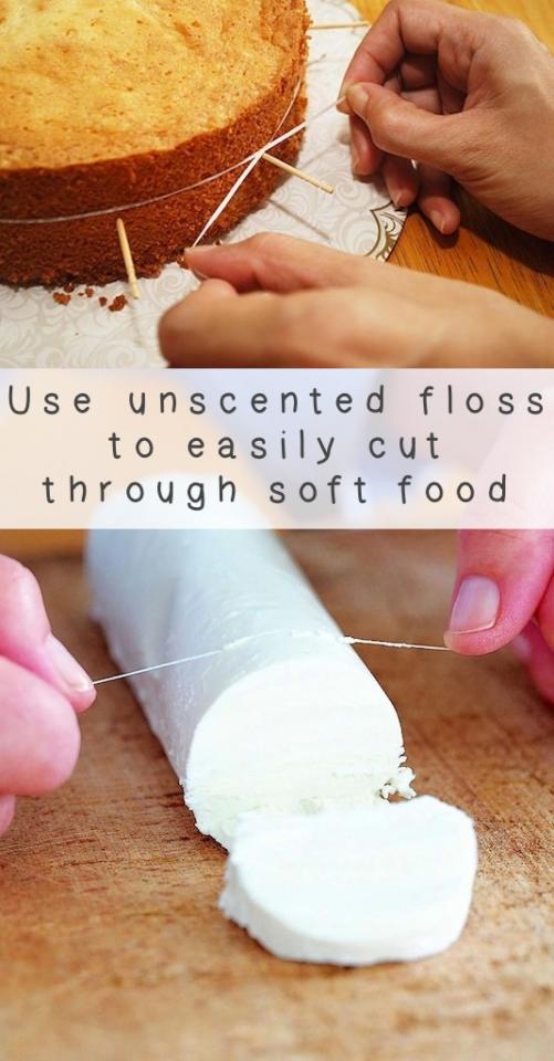 17. Flossing Food
Did you know there is a such thing as a cheese wire? It’s basically a knife made for crumbly soft cheese, but floss will ultimately give you the same results. Nice trick!