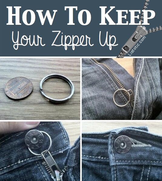 3. Clever Zipper Solution
Here’s an easy trick to help keep that pesky zipper up! Slide a key chain ring onto the loop of your zipper, and then loop it around the button. The ring stays concealed under the denim and ensures that you don’t get caught with your fly down.