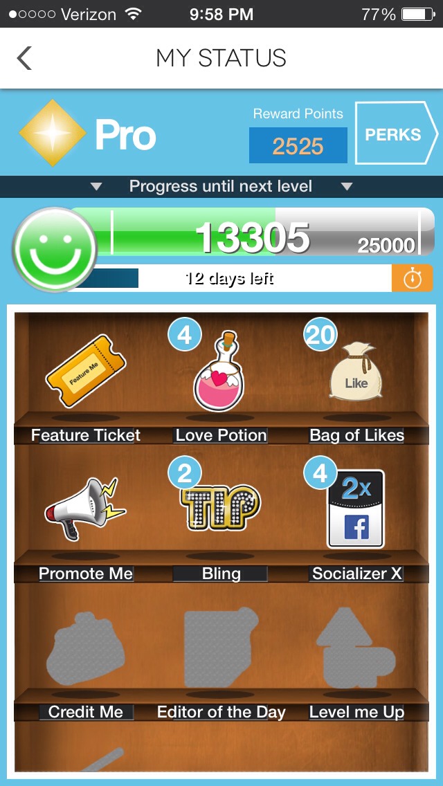 6. What are the "perks"?
You can use each item above to help your tips. The Facebook one lets you share another tip to Facebook and will give you 20 points. The Love Potion moves your tip to the top where people can most likely see it. Explore!