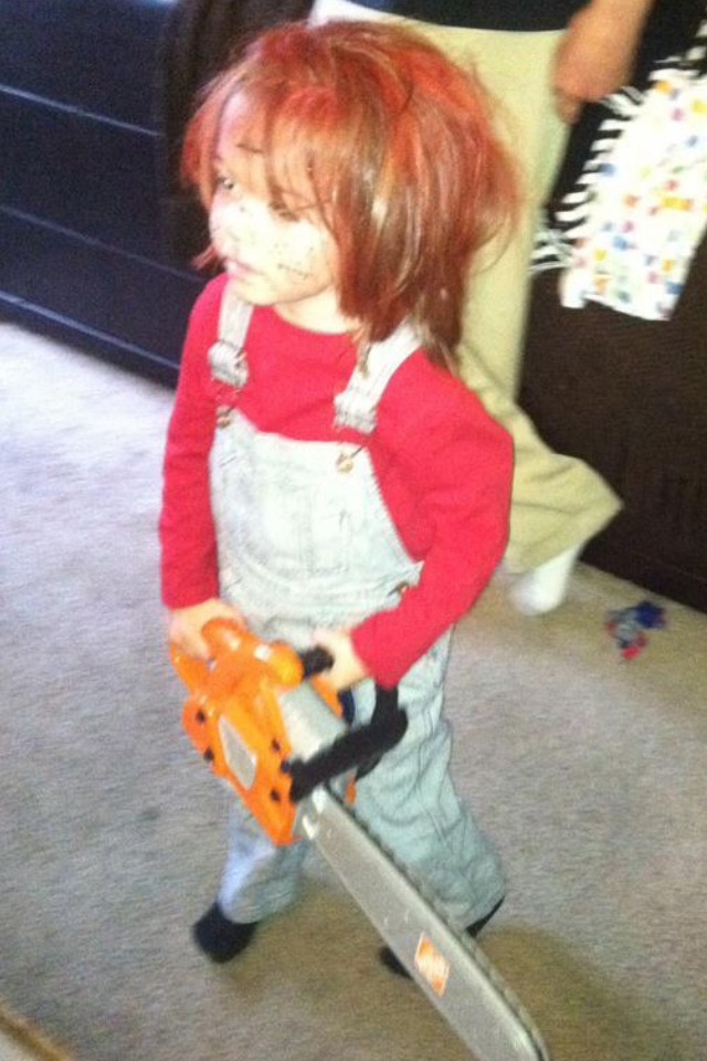 Red shirt old overalls and red spray, a bit if fake scares (sorry bad picture)  and it turn my son into chucky! And once again he was a bit hit people stopped to take pictures of him 