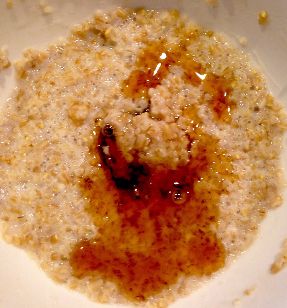 Next, add some blueberries and sliced peaches.