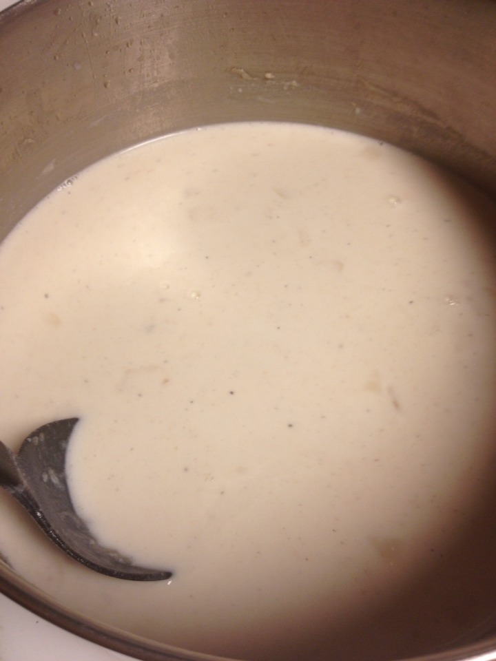 Rapidly pour in 8 cups of milk & stir, let it thicken up