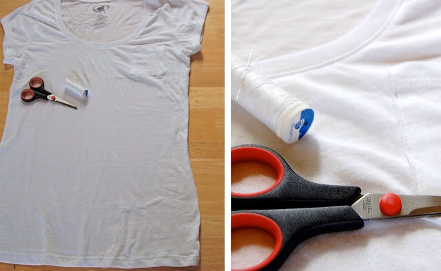 you will need:
-t-shirt
-fabric Sheers
-thread/ needle
-patience