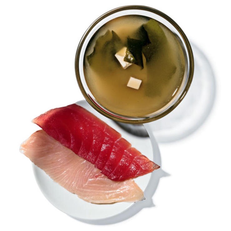 1 OZ YELLOWTAIL AND 1 OZ TUNA SASHIMI WITH 1 PACKET KIKKOMAN INSTANT TOFU MISO SOUP 
Have it pre-party: The protein will keep you from wiping out the buffet.

