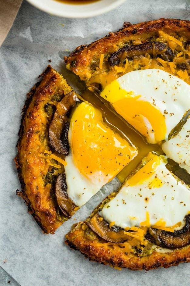 28. Cauliflower Pizza with Eggs, Leek, and Bacon Pesto 
