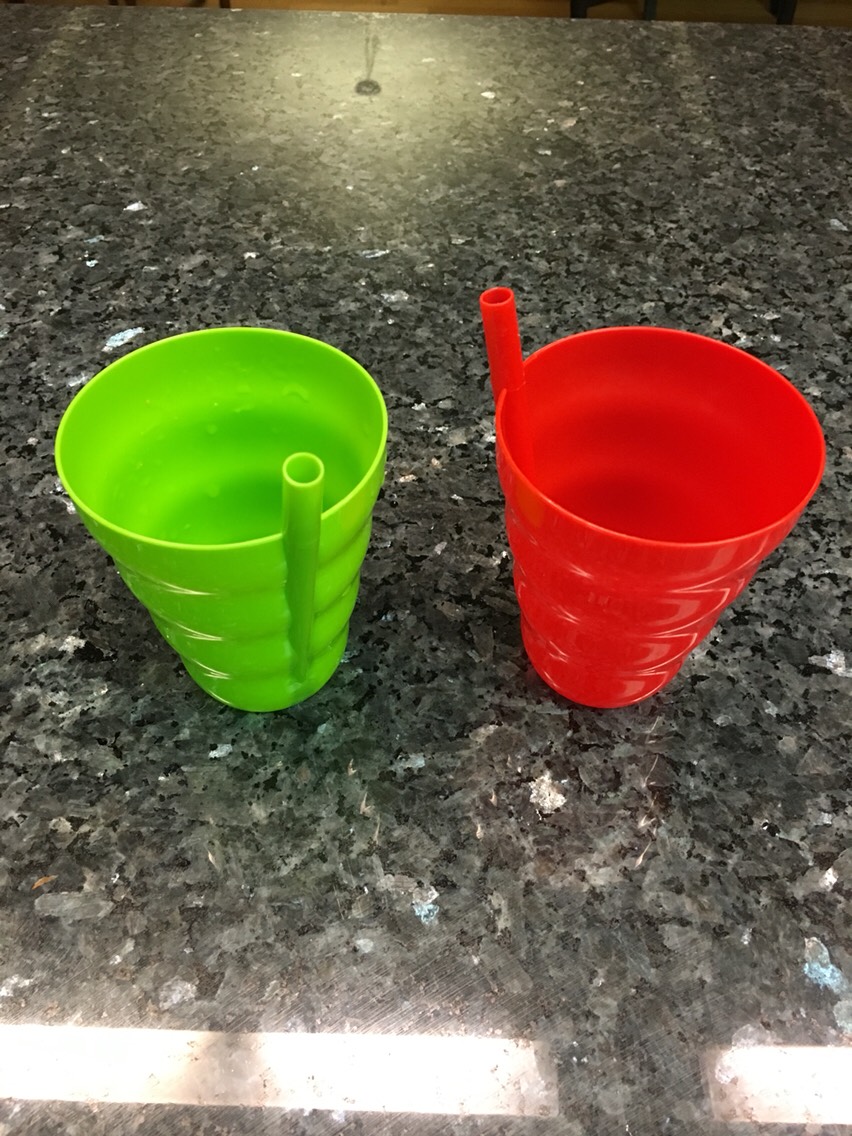 Cups with permanent straws. I use these cups to serve my toddler soups. She still has a hard time controlling her spoons to eat soups.
I found these cups at the Dollar Tree.