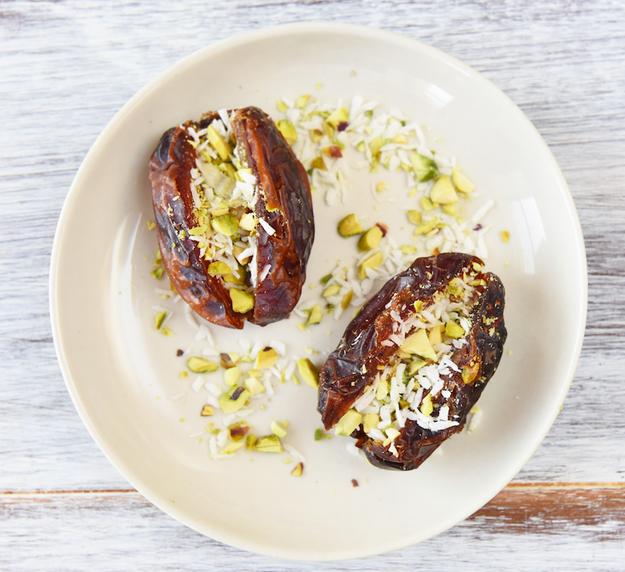 1. Coconut and Pistachio-Stuffed Dates

Just slice a couple dates lengthwise, take out the pits, and sprinkle in some finely chopped pistachios and shredded coconut.