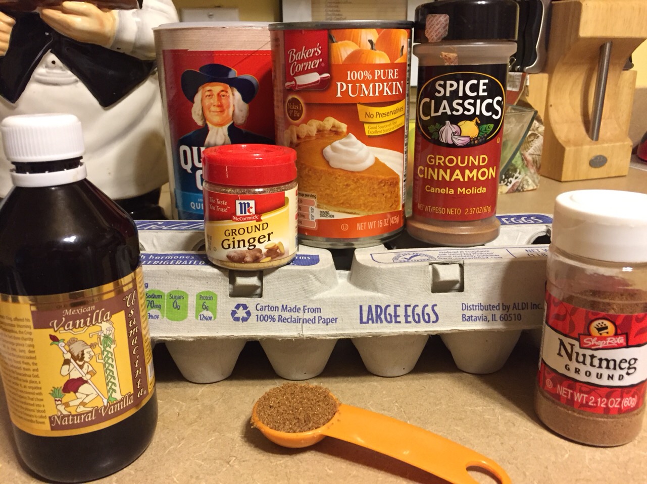 Ingredients:
1/2c quick oats
1/8tsp ground ginger
1/8tsp ground nutmeg
1/4tsp ground cinnamon
1/2TBSP brown sugar
1/2c canned pure pumpkin 
1 egg
1/2tsp vanilla extract
Nonstick spray

