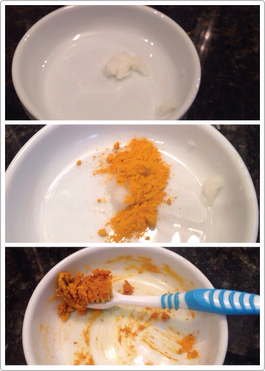 Take a small amount of coconut oil and put it in a dish

Add Tumeric 

Mix together to make a paste 
