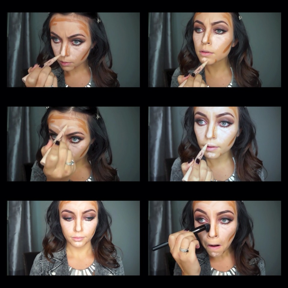 1. Brush highlighter down bridge of nose, middle of chin, and fanned upward onto the middle of your forehead, and on the top of your lip
2. Blend highlighted areas with the small stipple brush until well blended