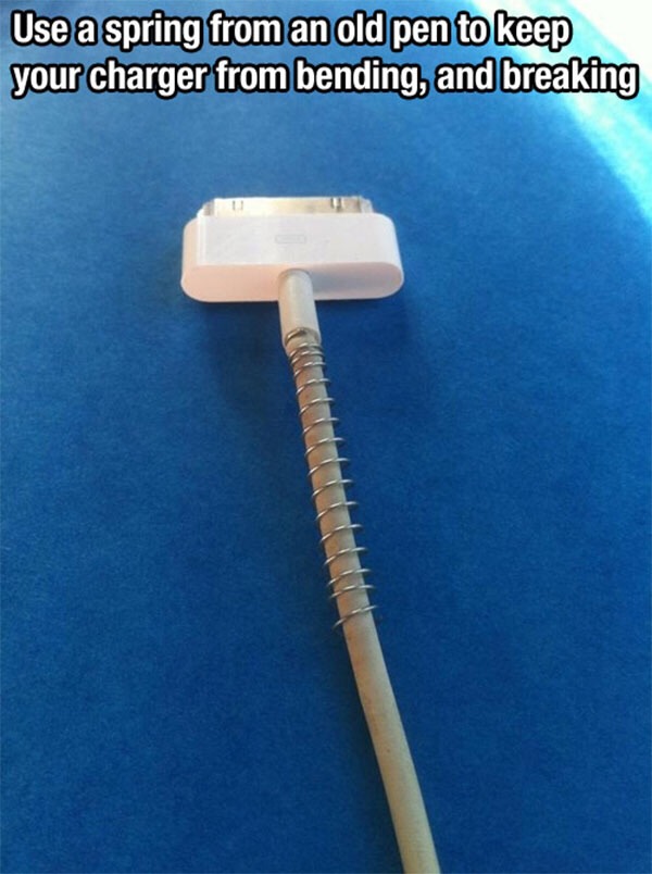 Use a spring from an old pen to keep your charger from bending or snapping