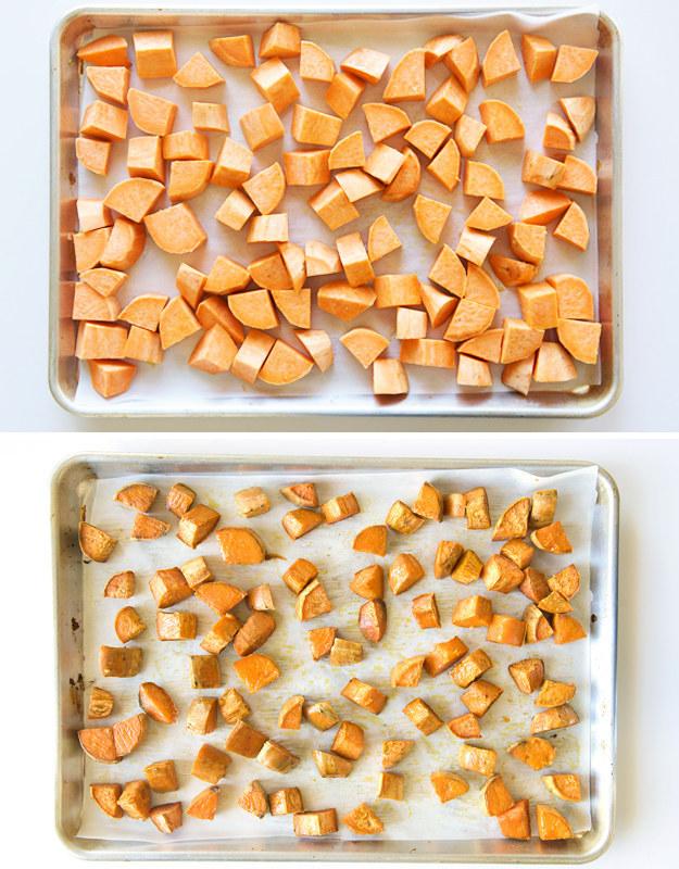 3. Slow-roast your sweet potatoes so that they’re maximally sweet without any added sugar.Cut 3 lbs sweet potatoes into ¾-inch pieces, toss with 2 Tbsp olive oil and a little salt and pepper, and spread onto two baking sheets. Roast in a 325°F oven until the undersides are browned, about 40 minutes.