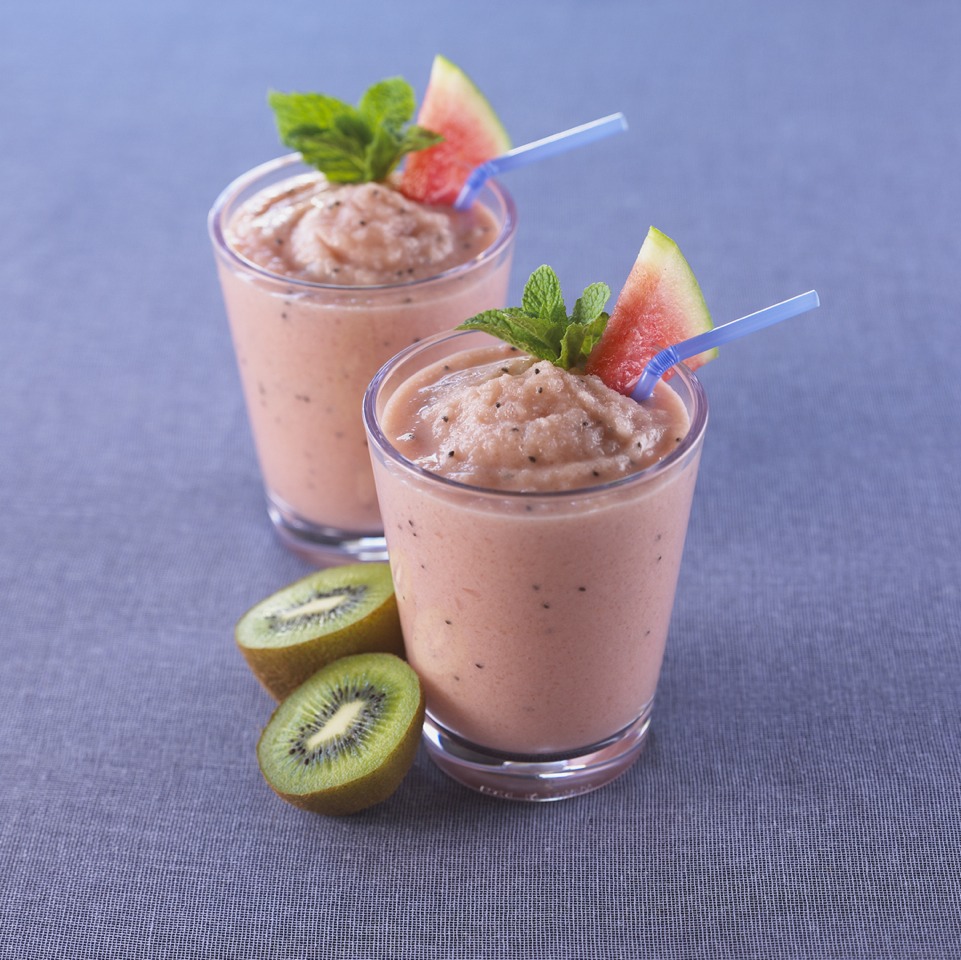 Kiwi and watermelon smoothie

Ingredients:
2 cups seedless watermelon chunks
2 kiwis, peeled and diced
2 cups vanilla yogurt
1 cup ice

Blend it all together. You can also add mint if you want

