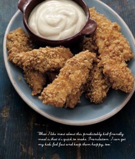 Gluten-free Oven-Fried Chicken Fingers

Ingredients 
extra virgin olive oil, for greasing
6 c corn chips, such as Fritos, coarsely crumbled
salt and pepper
3 lg eggs, at room temperature
1 1/2 lbs (750 g) chicken tenders
1/2 c mayonnaise
2 Tbsp Dijon mustard
2 Tbsp honey
1 Tbsp fresh lemon juice
