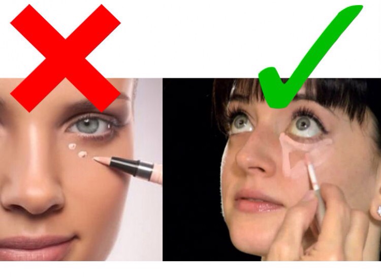 UNDER EYE CONCEALER FORMATION
Do not dot the concealer under the eyes. Instead apply concealer in a triangle shape outward from beneath each eye to form a triangle. This will give a better lift to the saggy eye along with lightening it up.