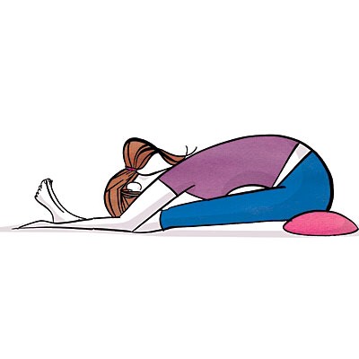 Folded forward bend
Calms nervous system, stretches hamstrings and back muscles

Sit on the edge of a folded blanket, legs straight and together in front of you, arms by sides. Keeping spine long, exhale and fold forward over legs, stretching arms forward to hold sides of feet or (Continued) --->